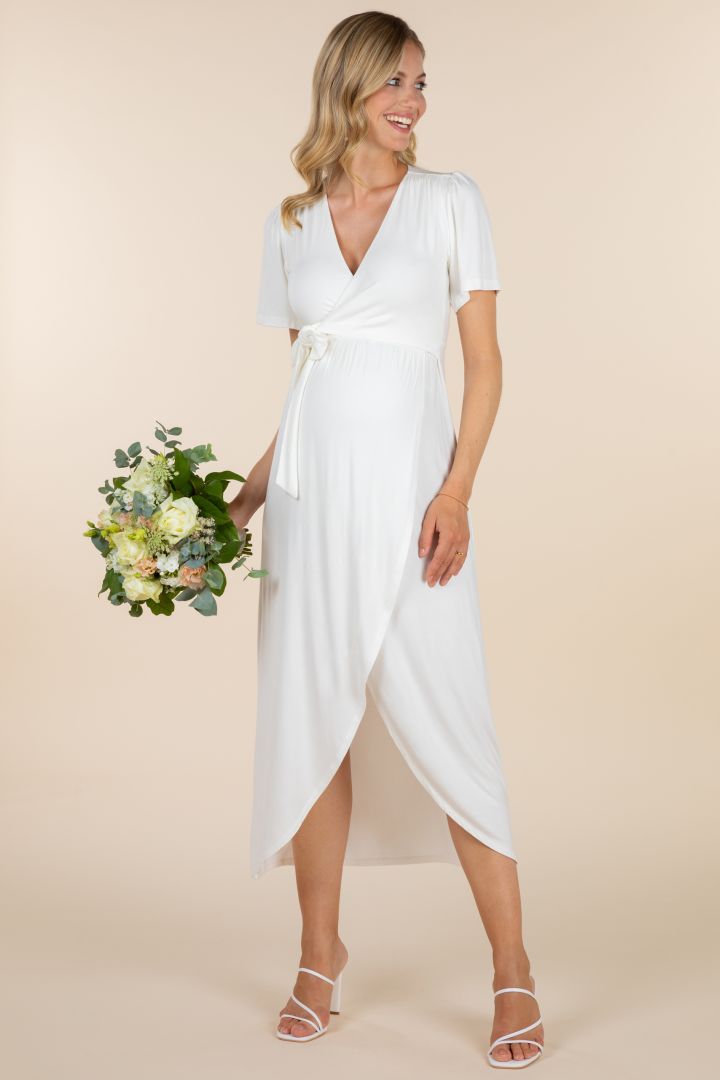 Midi Umstands- und Still-Brautkleid in Wickeloptik