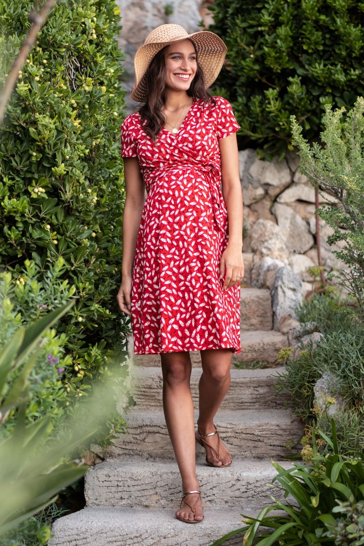Red Daisy Print Maternity and Nursing Wrap Dress
