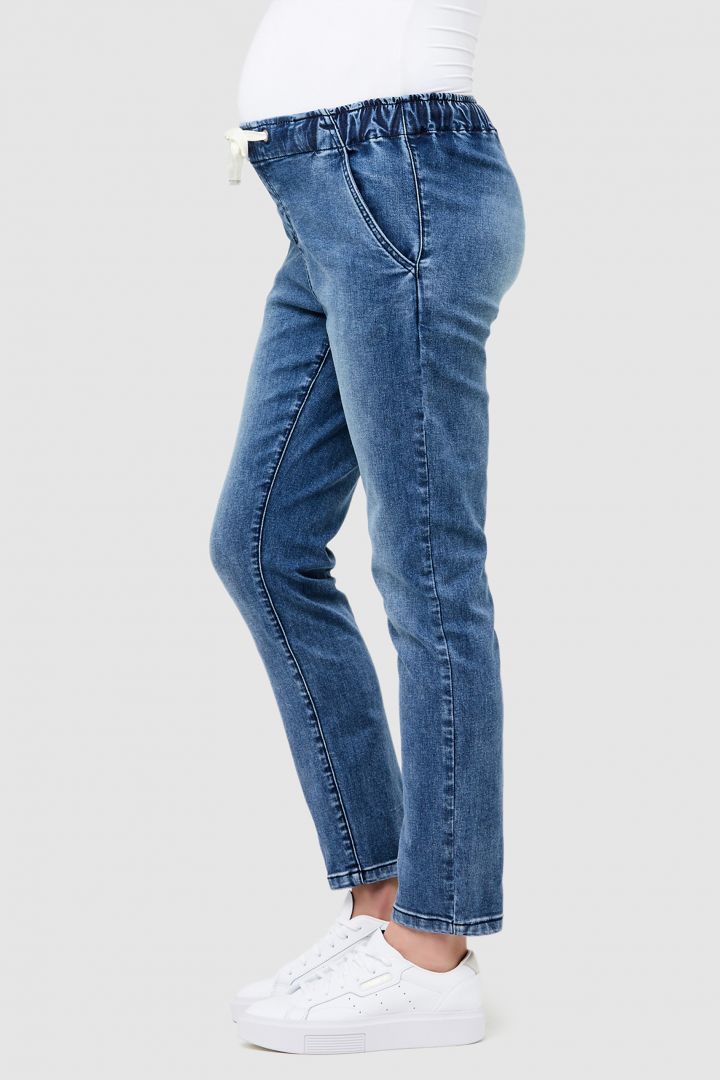 Denim maternity jogger with drawstring medium wash