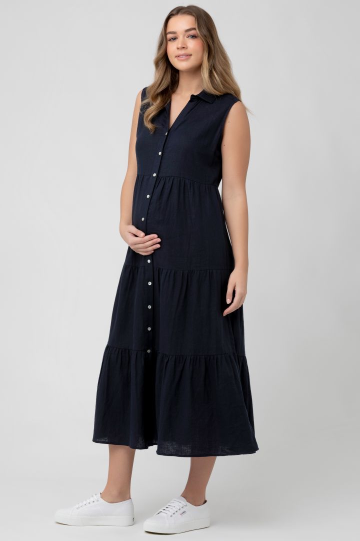 Midi Maternity and Nursing Tiered Dress navy