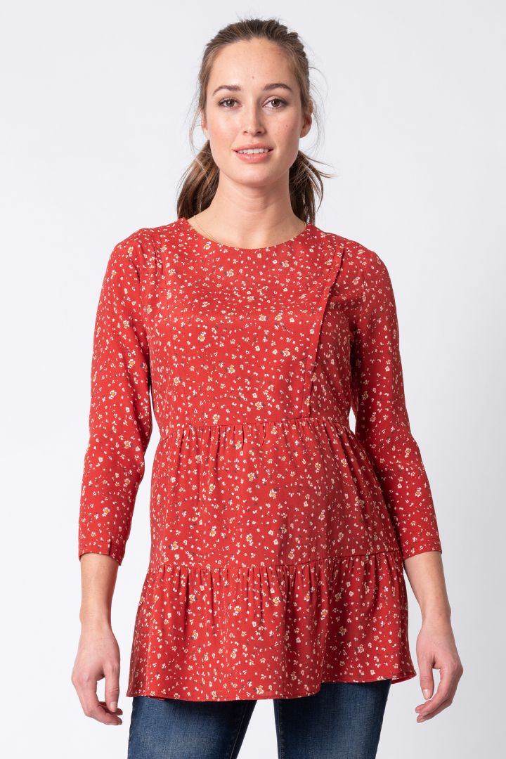 Tired Matetnity and Nursing Shirt with 3/4 Length Sleeves red