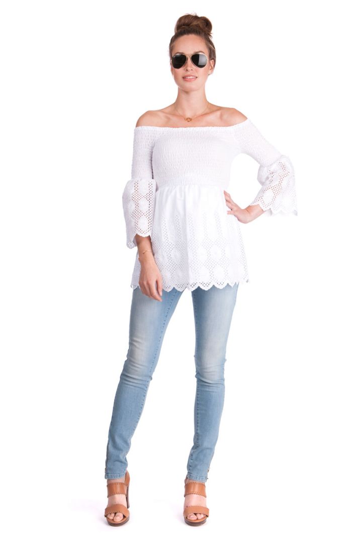 Off Shoulder Umstandstunika mit Trompetenärmeln