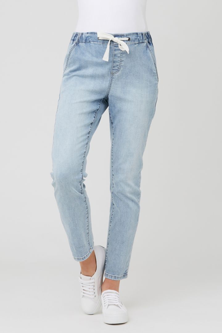 Denim maternity jogger with drawstring light wash
