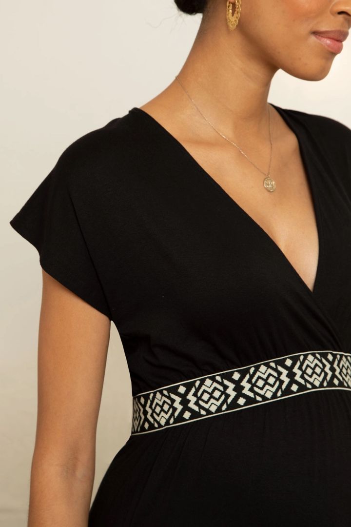 Maxi Maternity and Nursing Dress with Ethno Ribbon black