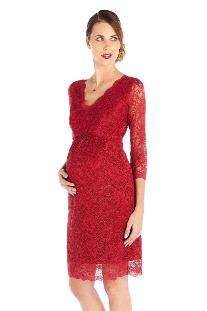 V-Neck Spitzen Umstandskleid kirschrot