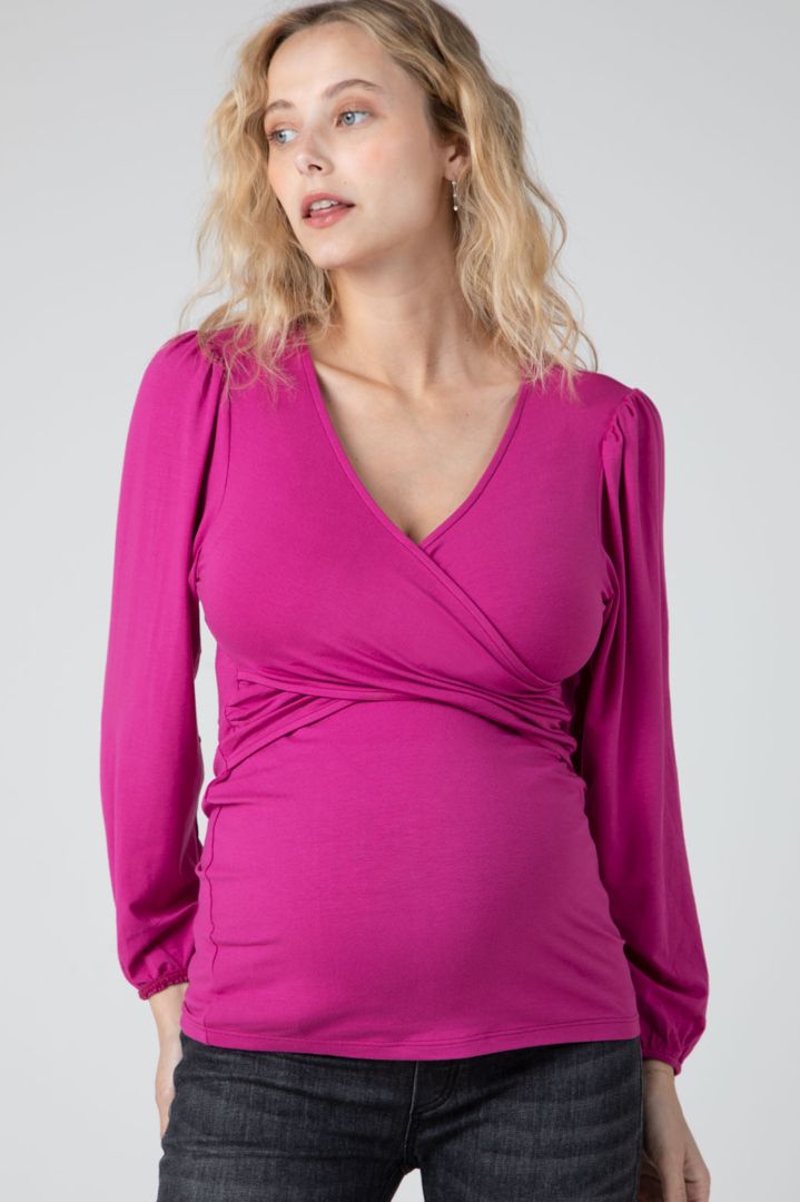 Maternity and Nursing Shirt with Puff Sleeves fuchsia
