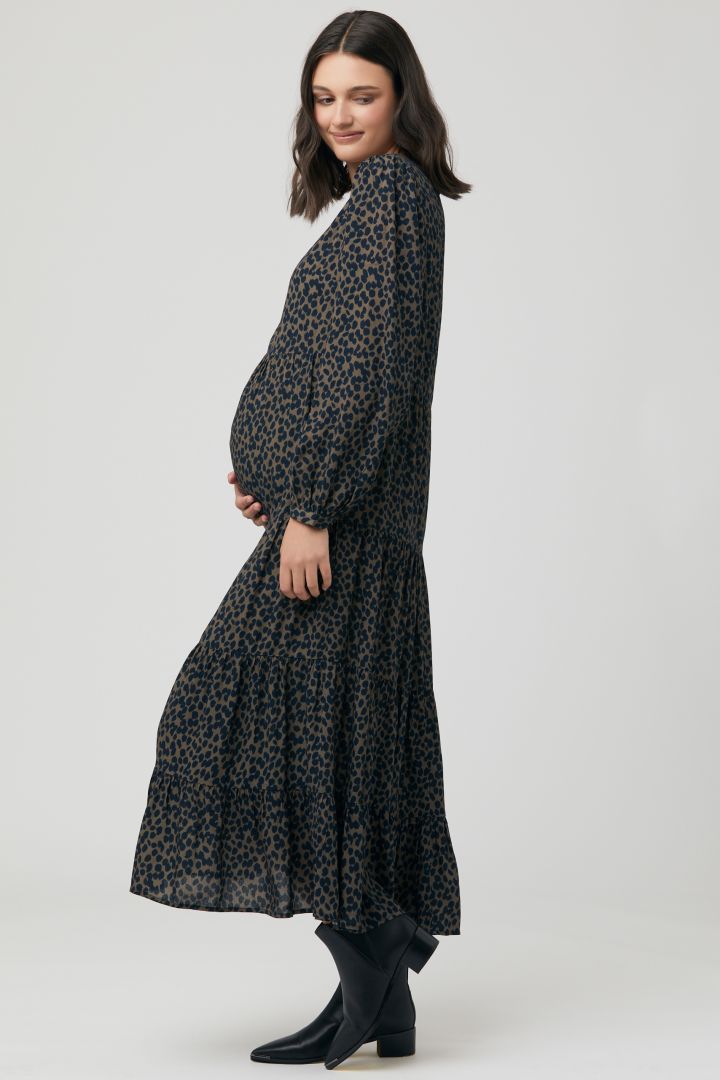 Midi maternity dress with flounces and print