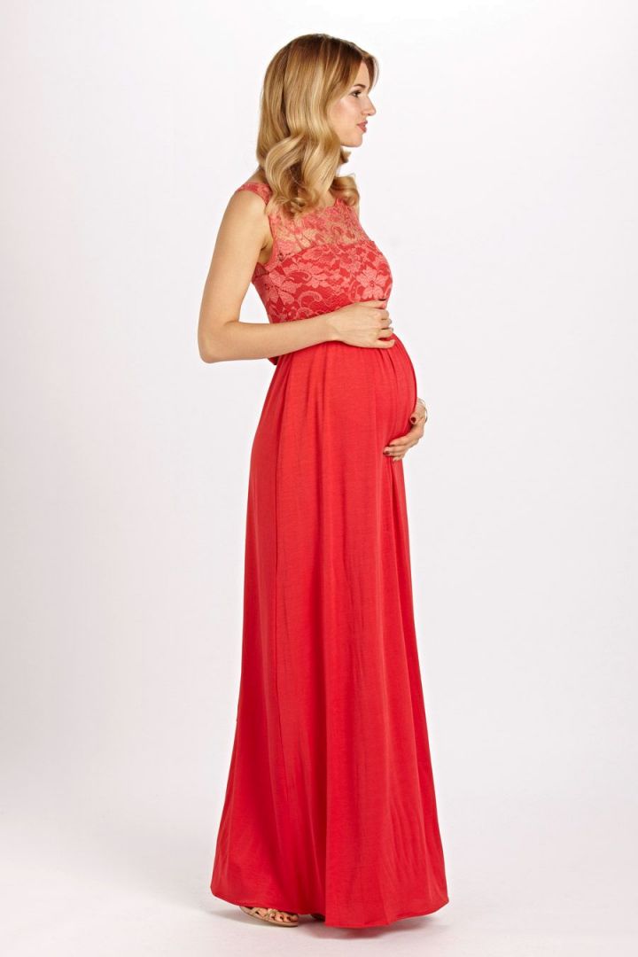 Langes Umstandskleid mit Spitzenbustier rot