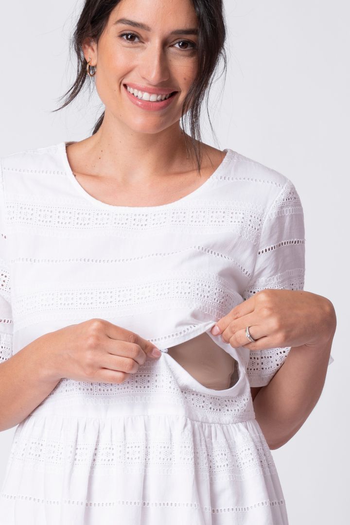 Maternity and nursing dress with flounce sleeves