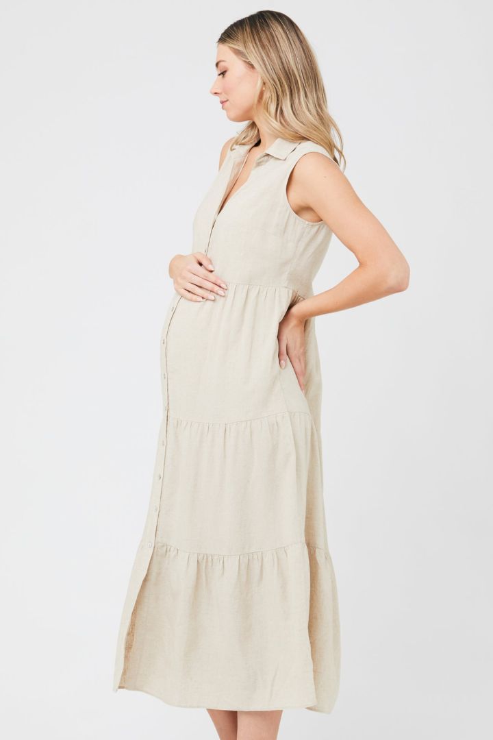 Midi Maternity and Nursing Tiered Dress sand