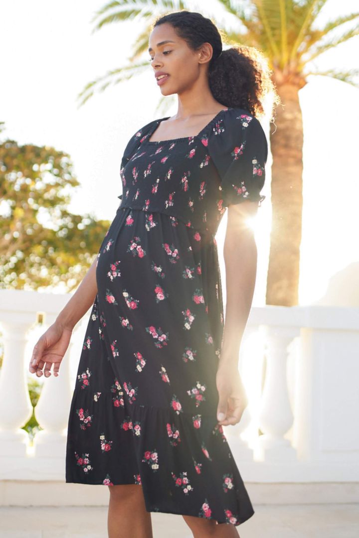 Midi Shirred Maternity and Nursing Dress with Frill Sleeve