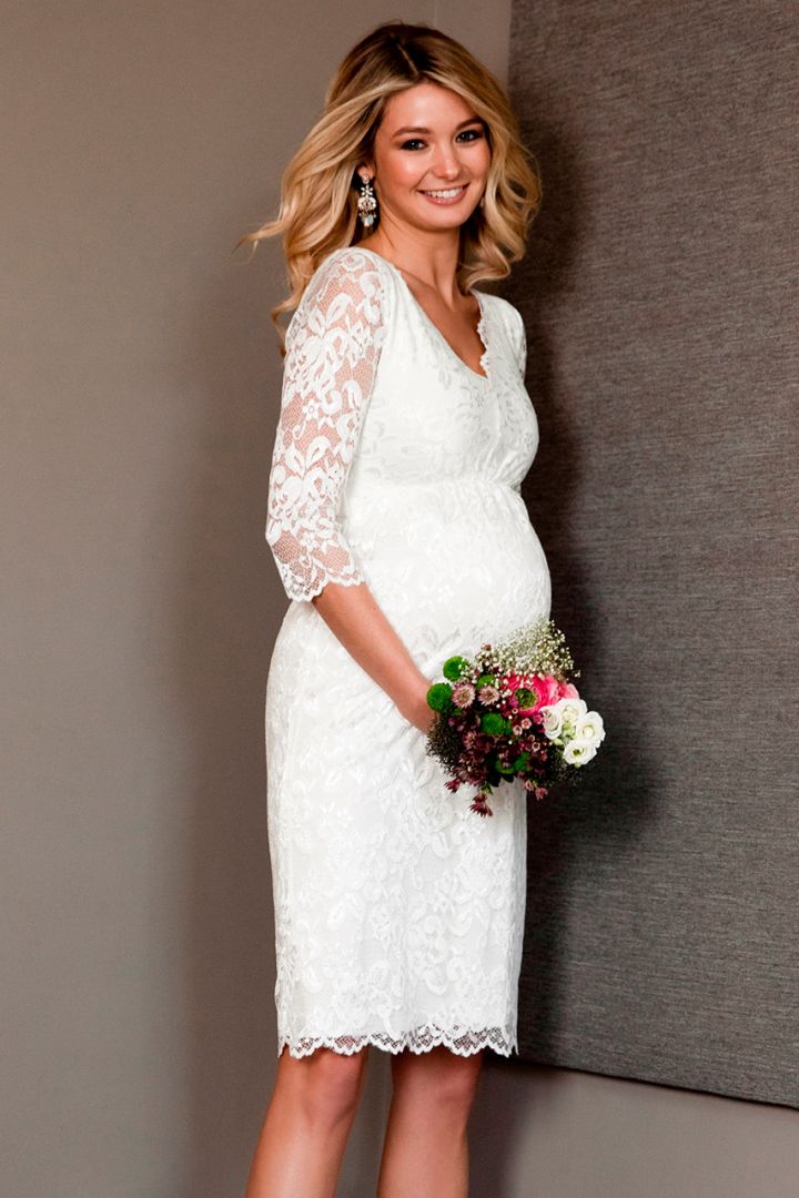 Plus Size Umstandsbrautkleid mit Spitzenärmeln und V-Ausschnitt