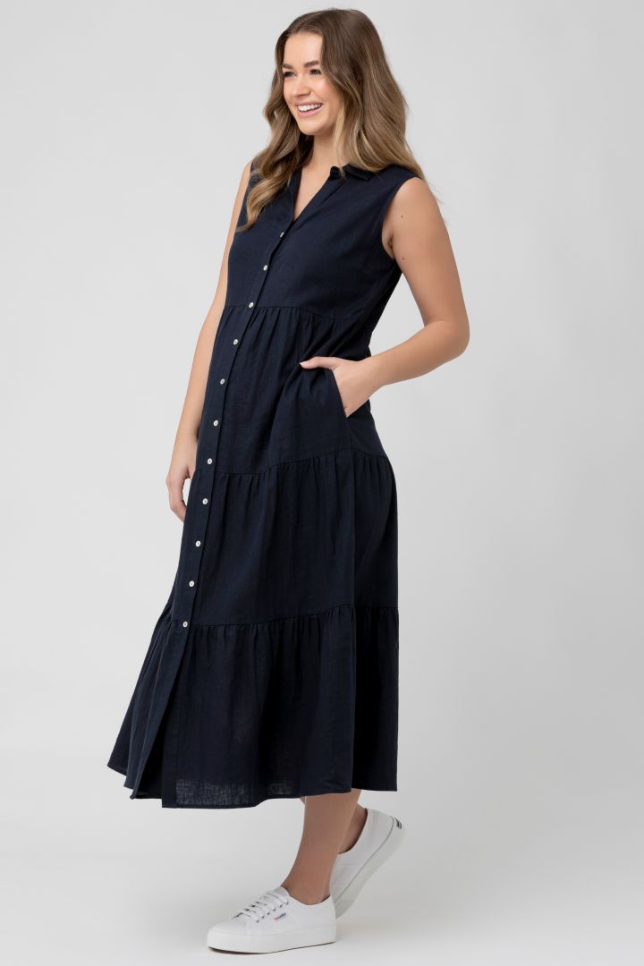 Midi Maternity and Nursing Tiered Dress navy