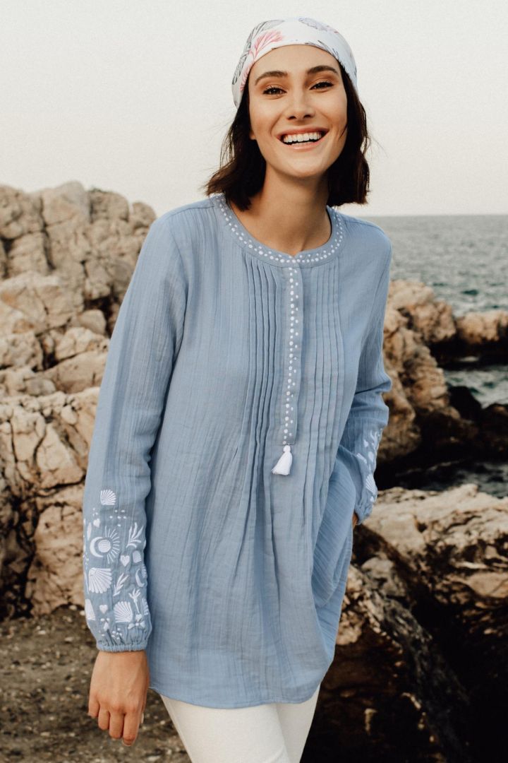 Umstands- und Stilltunika mit Biesen blau