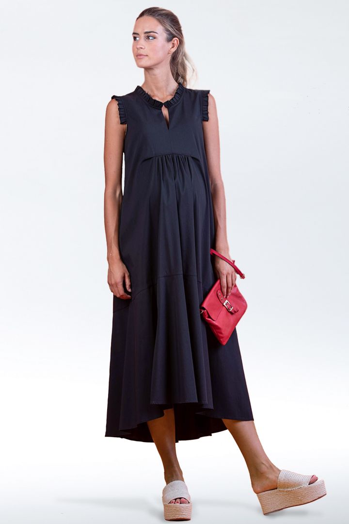 Midi Maternity Dress with V-Neck and Ruffles
