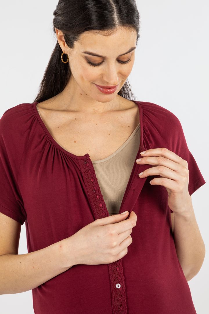 Eco Viskose Umstands- und Stillnachthemd zum Knöpfen bordeaux