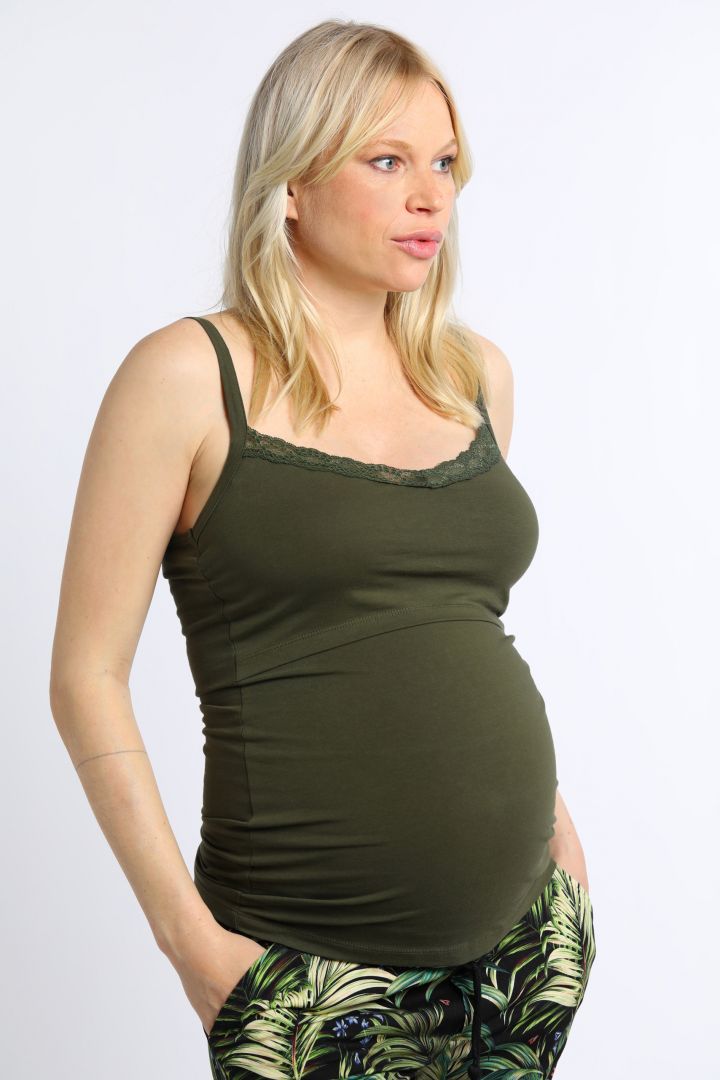 Organic Maternity and Nursing Top with Lace khaki
