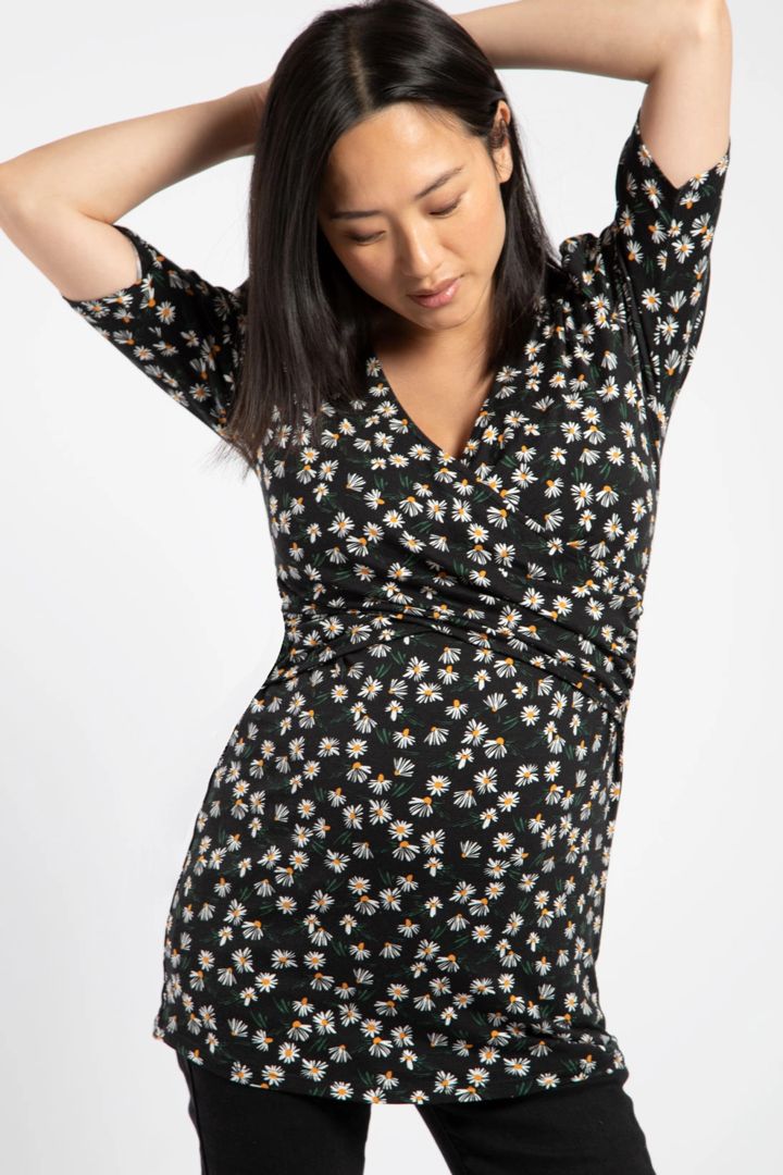 Cross-over Maternity and Nursing Shirt with Marguerite Print