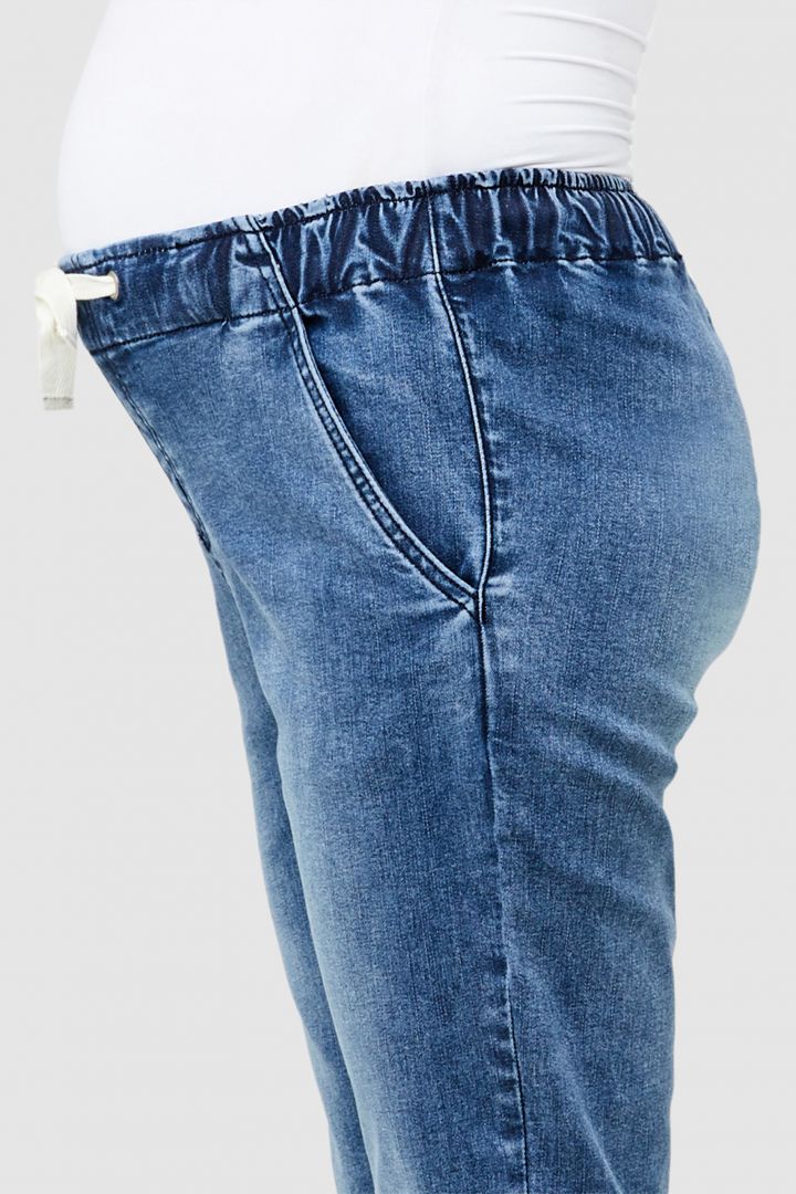 Denim maternity jogger with drawstring medium wash