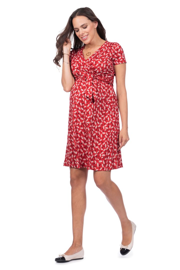 Red Daisy Print Maternity and Nursing Wrap Dress