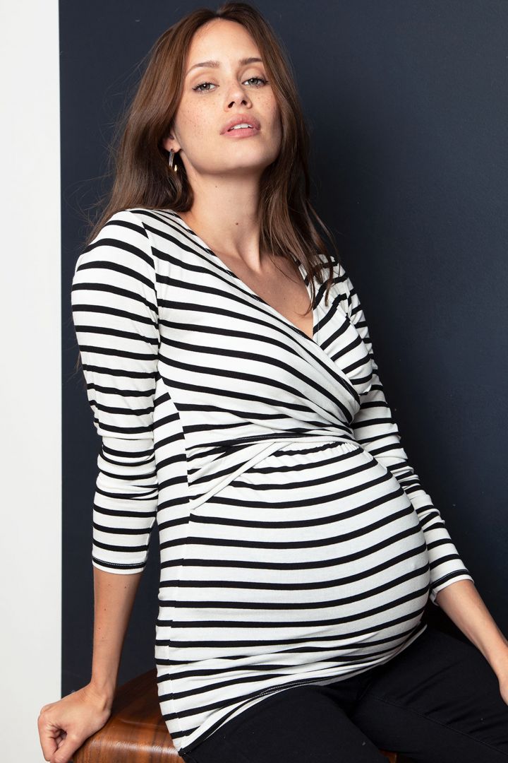 Langarm Cross-Over Umstands- und Stillshirt schwarz/weiß gestreift