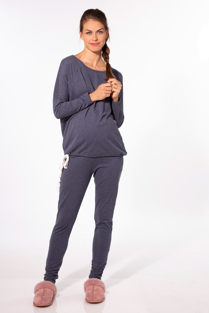 Lounge- und Pyjama Umstandsshirt mit Stillöffnung blau melange