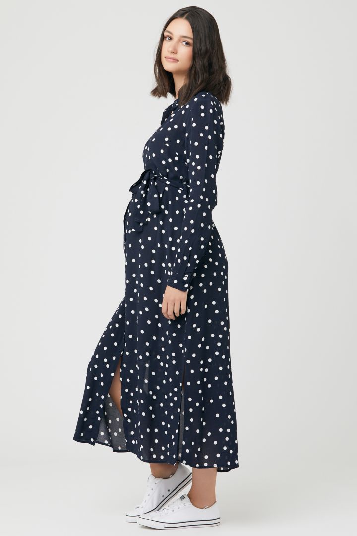 Long Maternity and Nursing Shirt Dress with Dots Print