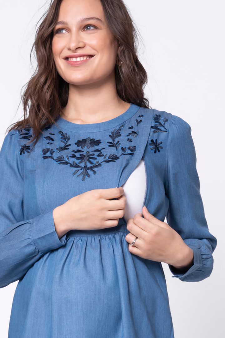 Tencel Maternity and Nursing Dress with Embroidery
