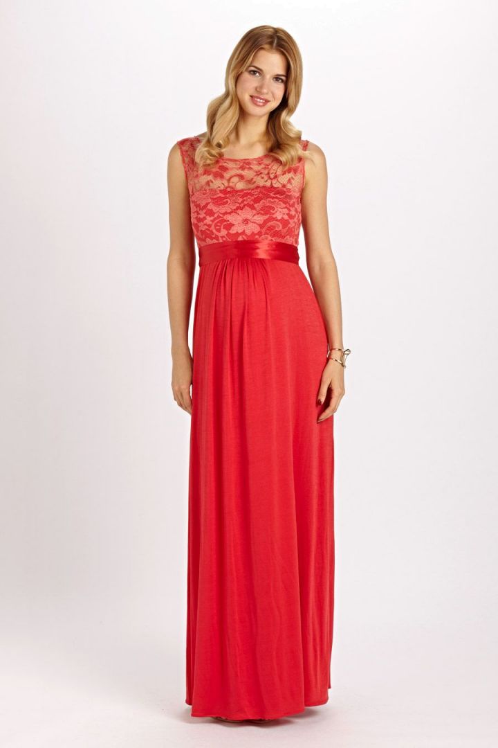 Langes Umstandskleid mit Spitzenbustier rot
