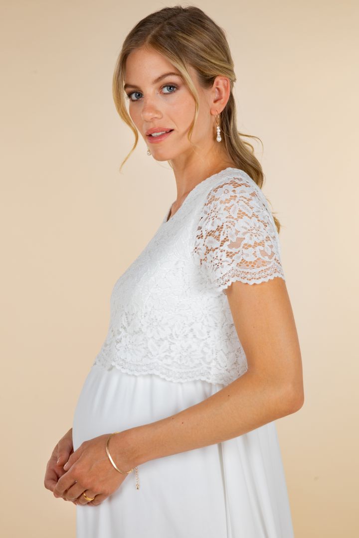 Langes Umstandsbrautkleid mit Stillöffnung und Spitze