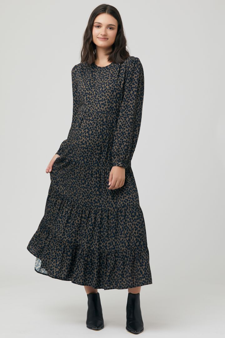 Midi maternity dress with flounces and print