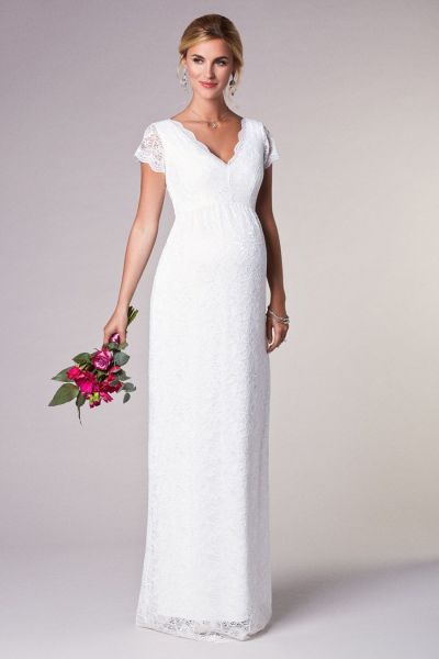 Spitzen Umstandsbrautkleid mit V-Ausschnitt lang