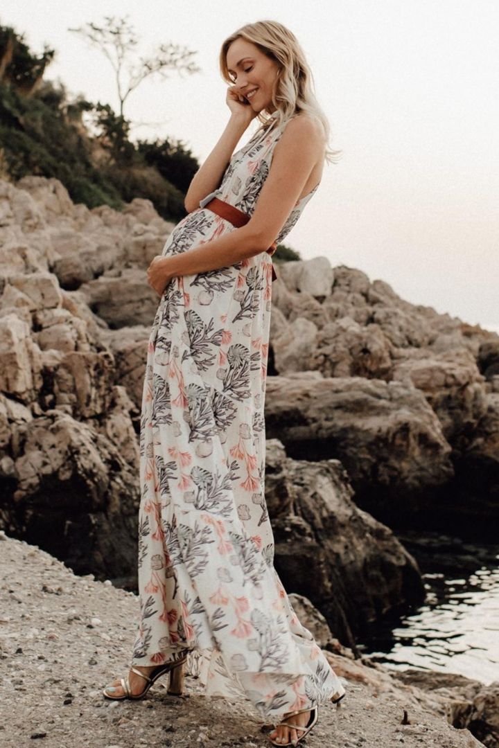 Maxi Umstands- und Stillkleid mit Korallen Print