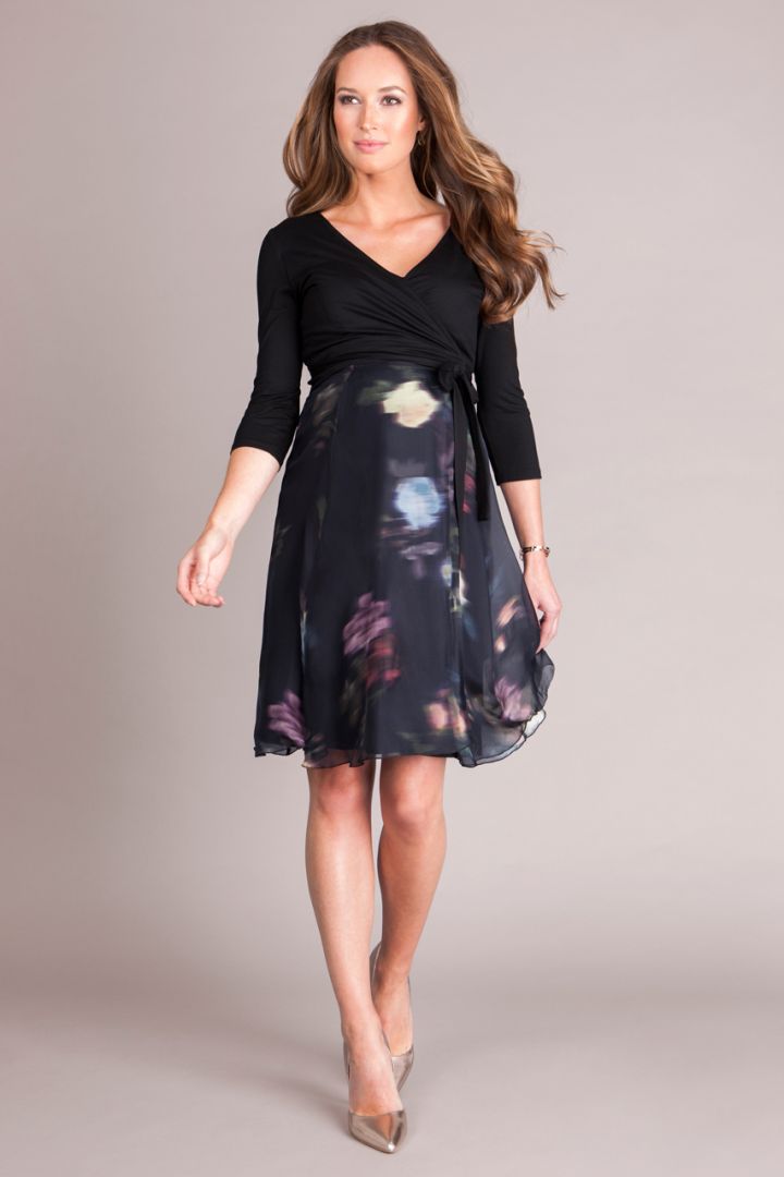 Black Floral Silk Wrap Maternity Dress short