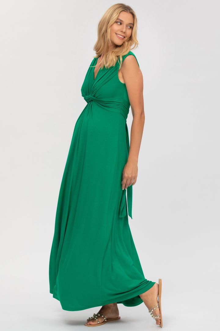 Maxi Maternity and Nursing Dress with Knot Detail Green