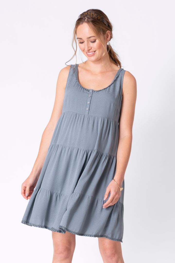 Maternity and Nursing Dress with Pompom Trim blue