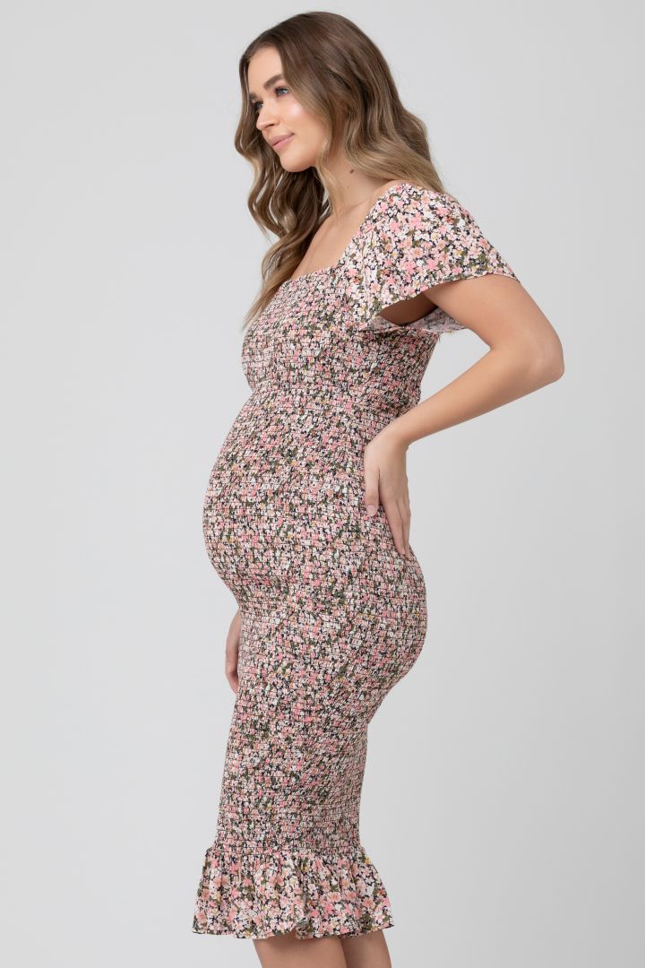 Midi Smocked Umstandskleid mit Volant