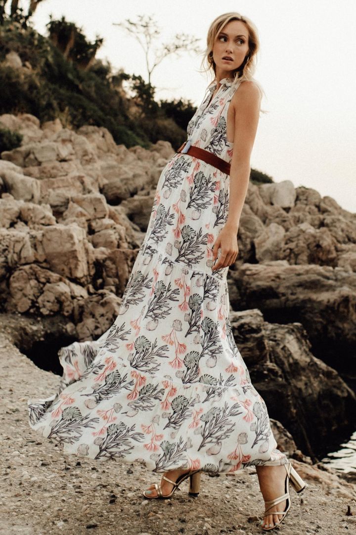 Maxi Umstands- und Stillkleid mit Korallen Print