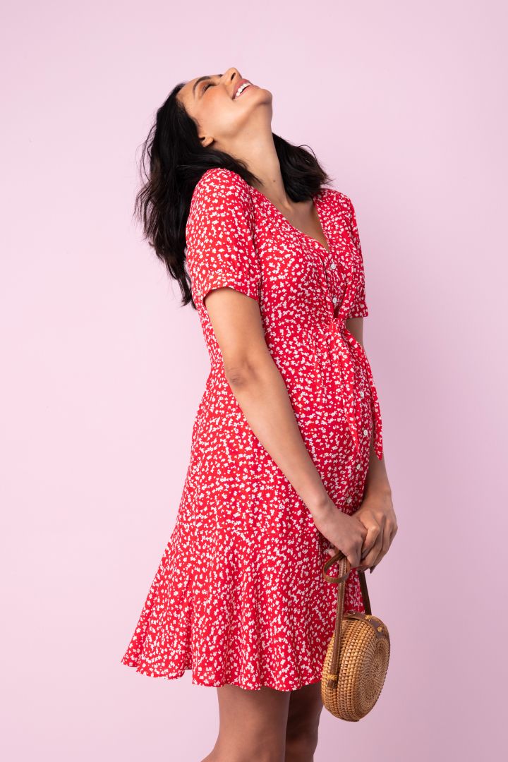 Tie Front Maternity Dress with Ruched Sleeves