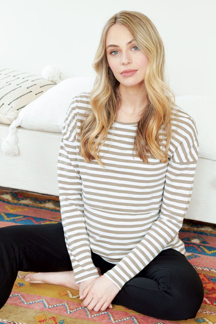 Maternity and Nursing Shirt with Stripes khaki/white