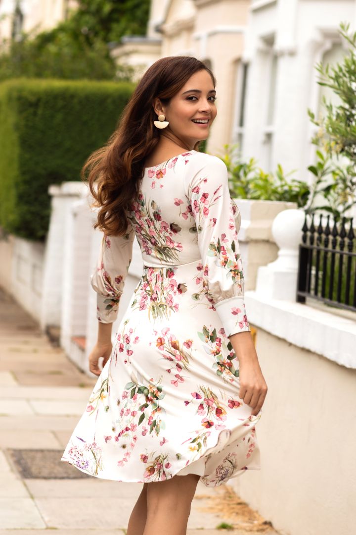 Maternity Dress with Cuffed Puff Sleeves Floral