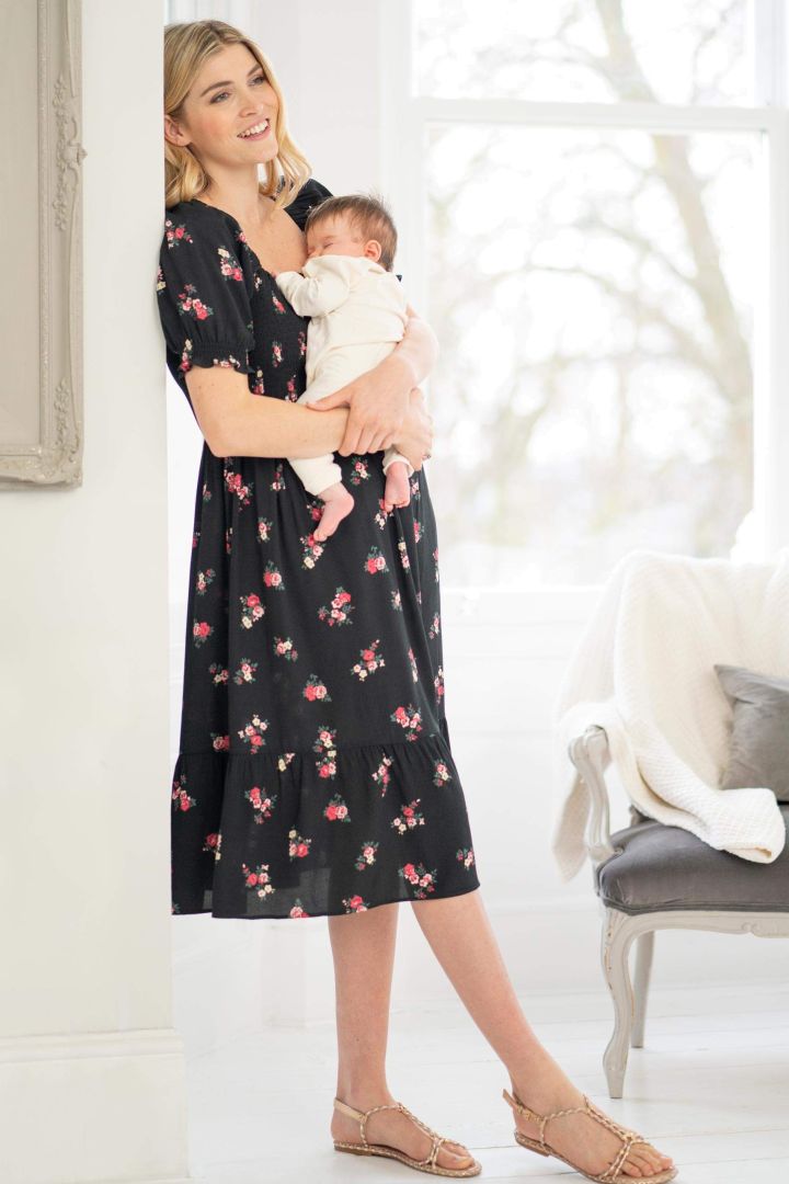 Midi Shirred Maternity and Nursing Dress with Frill Sleeve