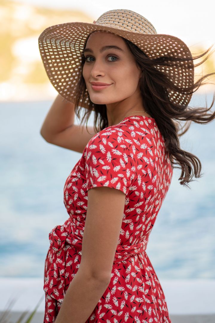 Red Daisy Print Maternity and Nursing Wrap Dress