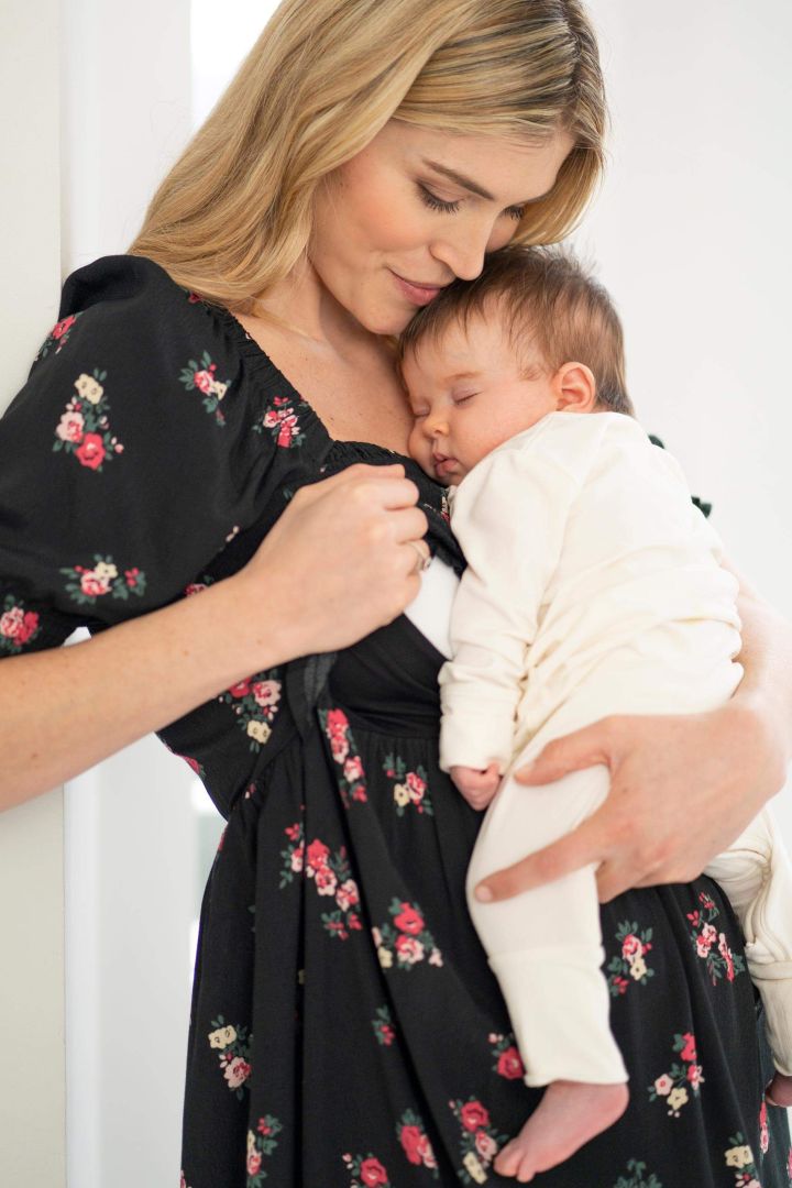 Midi Shirred Maternity and Nursing Dress with Frill Sleeve