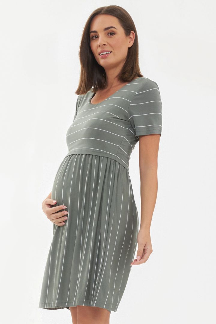Maternity and Nursing Dress olive / weiß Striped