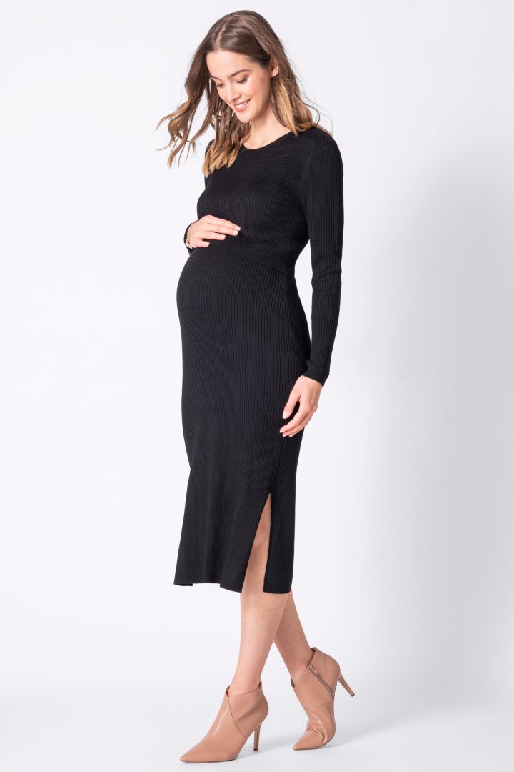 Crew Neck Layered Maternity Knit Dress black