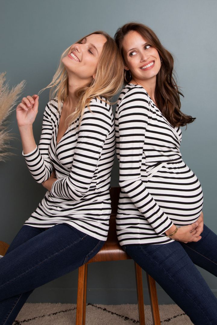 Langarm Cross-Over Umstands- und Stillshirt schwarz/weiß gestreift