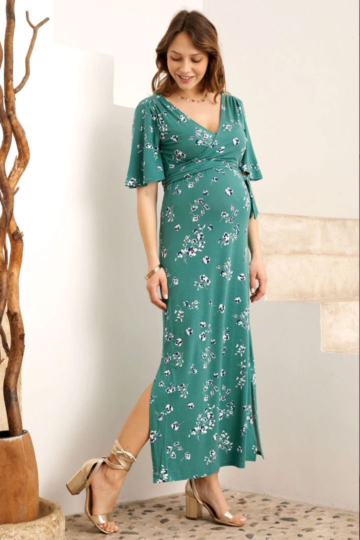 Maternity and Nursing Dress long with Flower Print teal