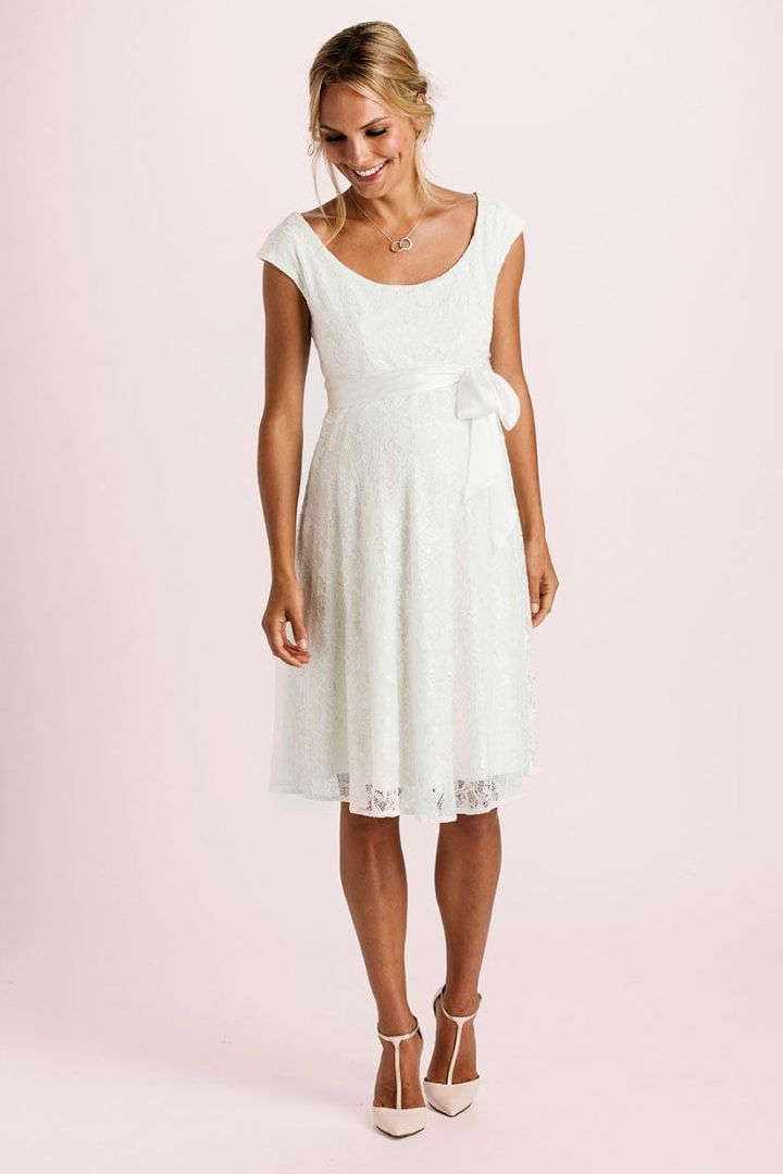 Spitzen Umstandsbrautkleid mit U-Boot Ausschnitt