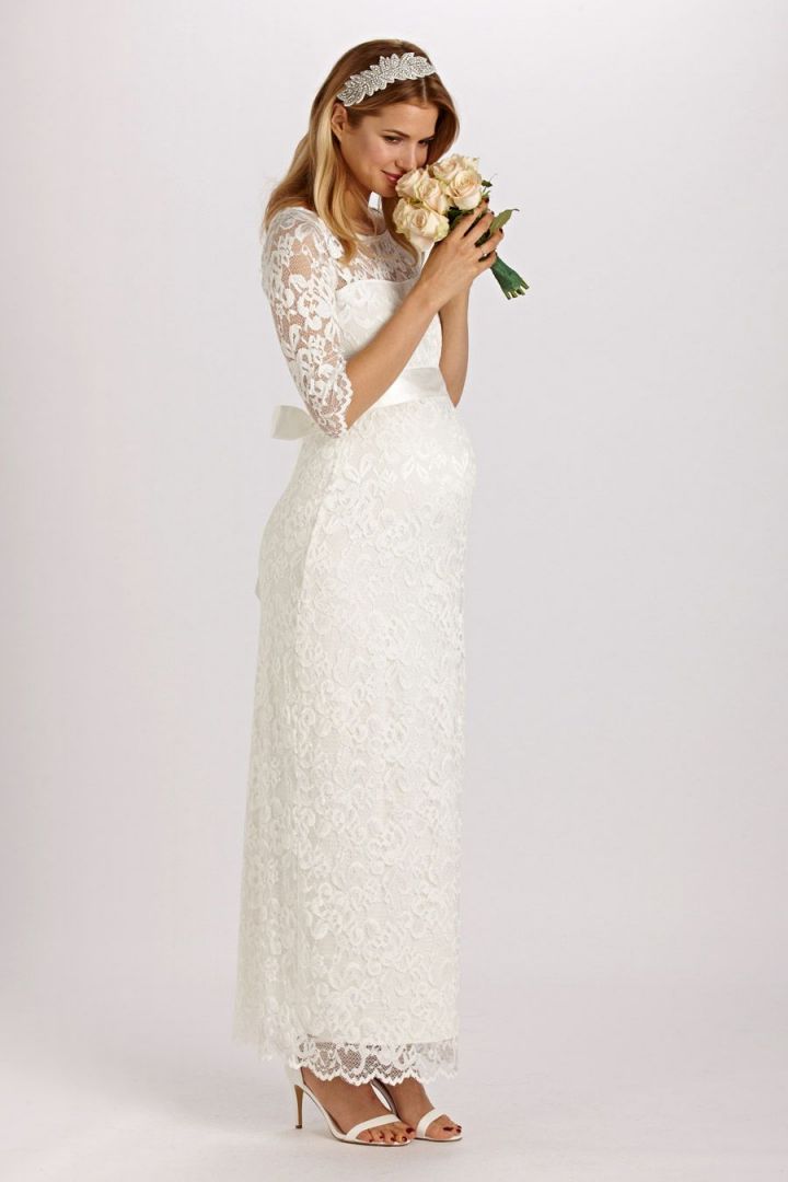 Langes Umstandsbrautkleid aus Spitze mit 3/4 Ärmeln